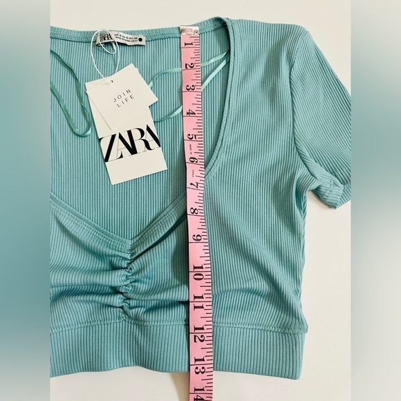 NEW! ZARA RIBBED Crop Top With Ruching In Front NWT Size Small Blue - Picture 7 of 7